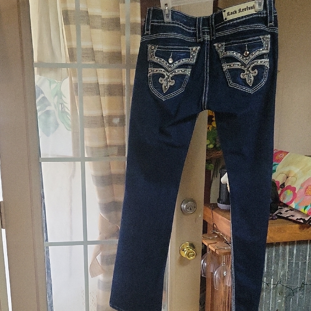 Rock Revival Dark Blue Skinny Jeans with Embellished Pockets